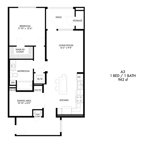 Floor plan for 1 bed, 1 bath, 942 sqft